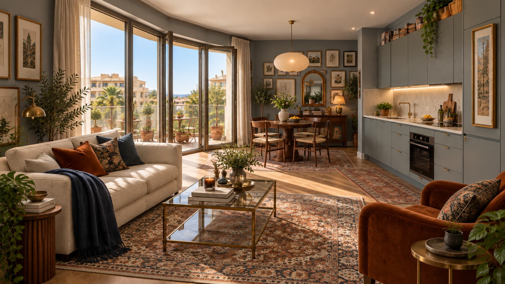 Open-plan living room and kitchen presentation for Villa Arteo in Nice