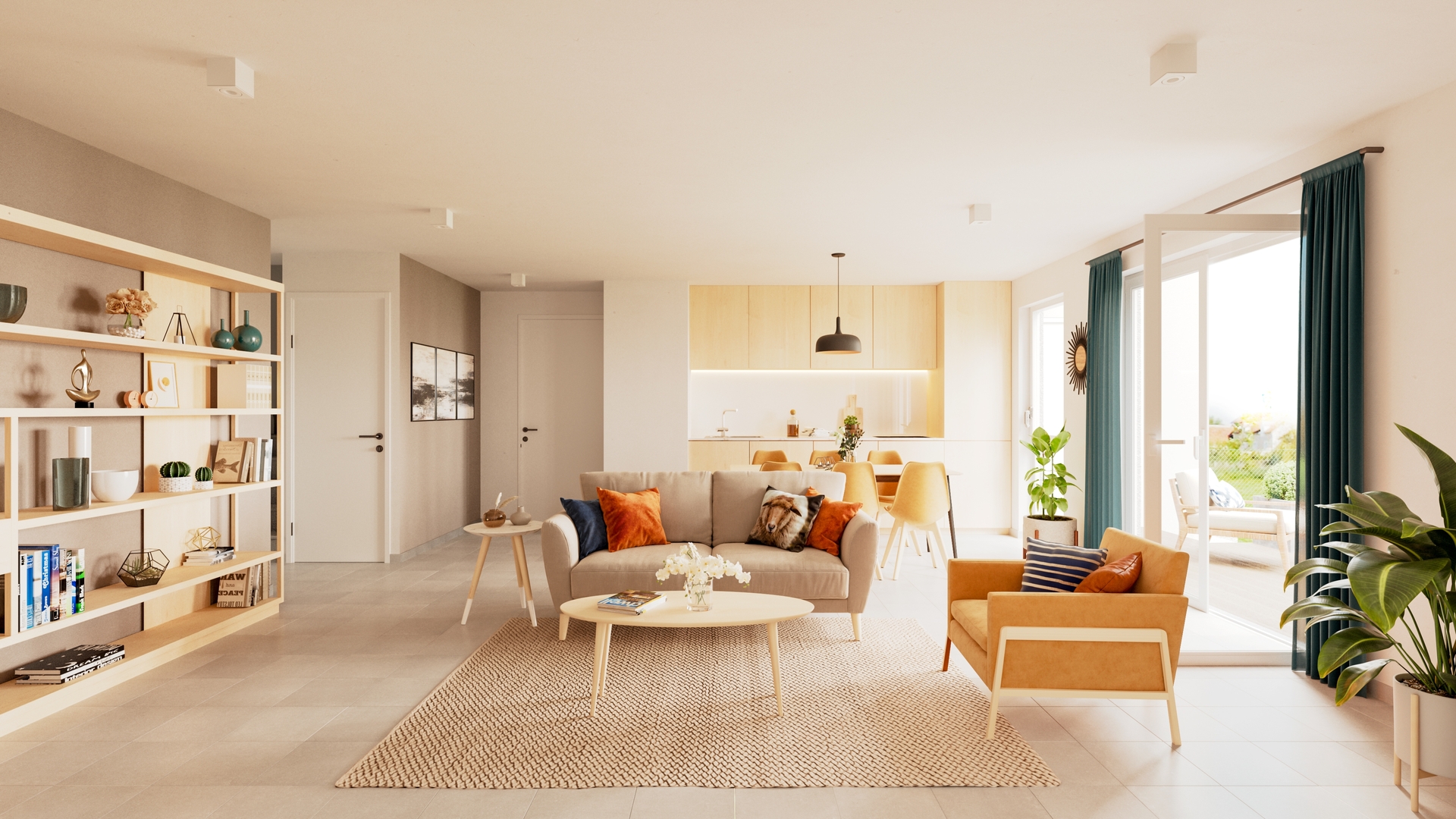 Open-plan living, dining and kitchen illustration with garden-facing glazing — Illustration non contractuelle